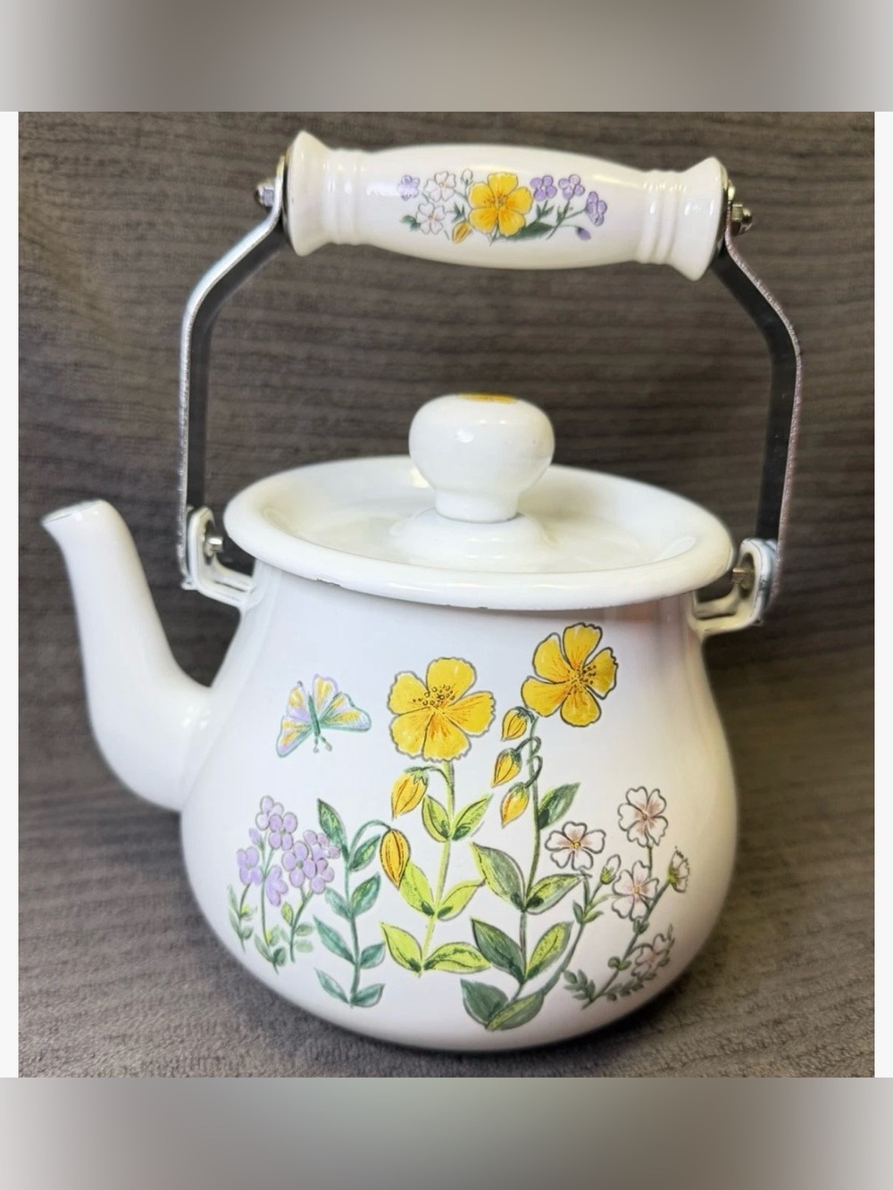 Vintage MCM White Enamel Teapot Kettle Flowers & Butterflies Cottagecore